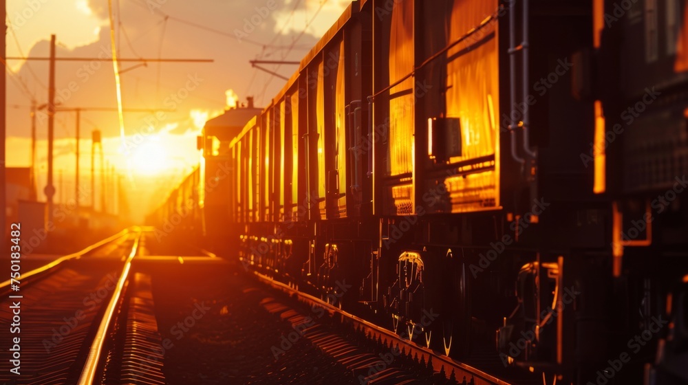 A warm golden sunset casting glow over a cargo freight train on tracks, symbolizing travel and industry.