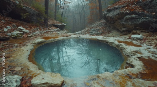  a pool of water in the middle of a rocky area with trees and rocks on both sides of the pool, in the middle of a foggy forest with rocks and trees on both sides.