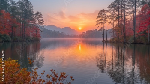 a body of water surrounded by trees with a sun setting in the middle of the picture 