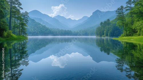 a large body of water surrounded by a forest filled with green trees and a mountain range in the distance with a few clouds in the sky and a few clouds in the foreground.