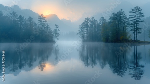  a body of water surrounded by trees in the middle of a foggy day with the sun setting behind a mountain range in the distance, with a few clouds in the foreground.