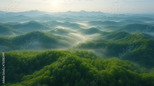  an aerial view of a mountain range covered in mist and trees with the sun shining through the clouds in the distance  with a hazy sky in the foreground.
