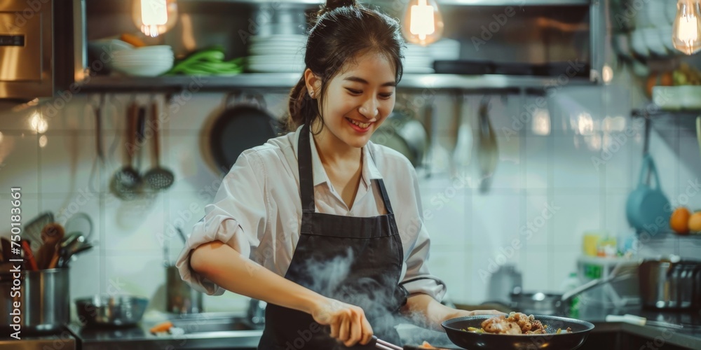 Naklejka premium young asian woman cooking in the kitchen Generative AI