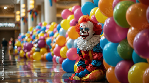 Clown Sitting by Balloons