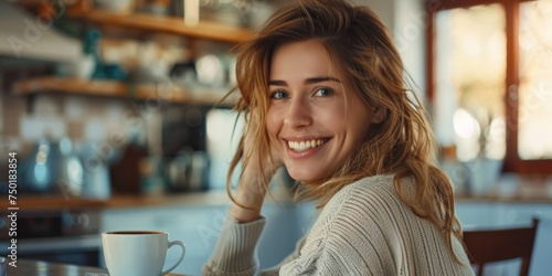 young woman drinking a hot drink and smiling in her kitchen Generative AI