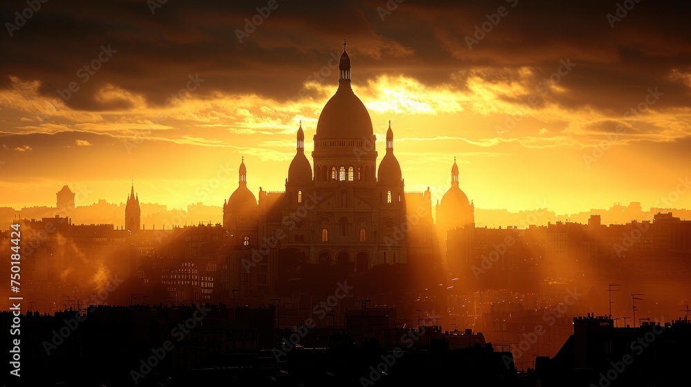  the sun is setting over a city with a church steeple in the foreground and dark clouds in the sky over a city with buildings in the foreground.