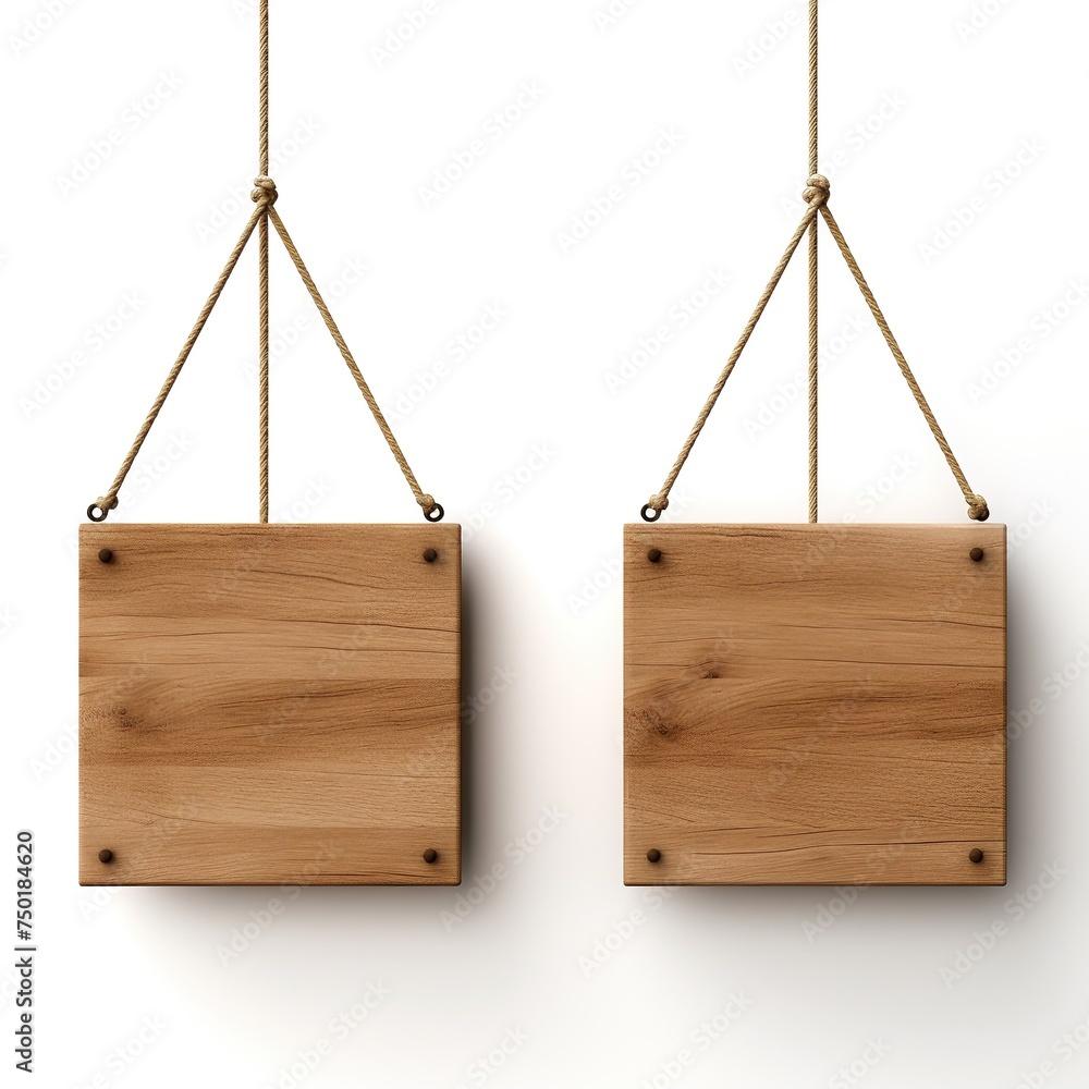 Wooden sign hanging on a rope isolated on white background. 3D illustration, Ai Generated Wooden sign hanging on a rope isolated on white background. 3D illustration, Ai Generated