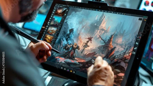 A close-up view of a digital artist drawing a detailed fantasy castle landscape on a graphic tablet. photo