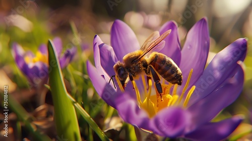 A single bee landing gently on a vibrant purple flower, with pollen visible on its legs