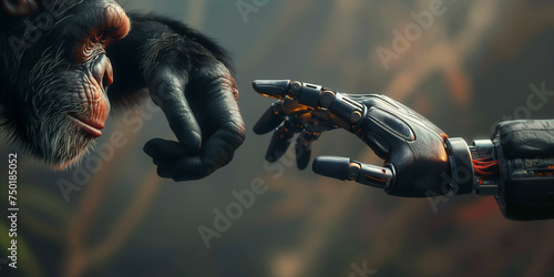 The robot's hand and monkey hand, evolution from primates concept. Banner photo