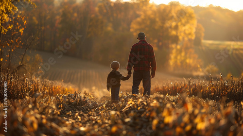 Man and Child Walking Through Field