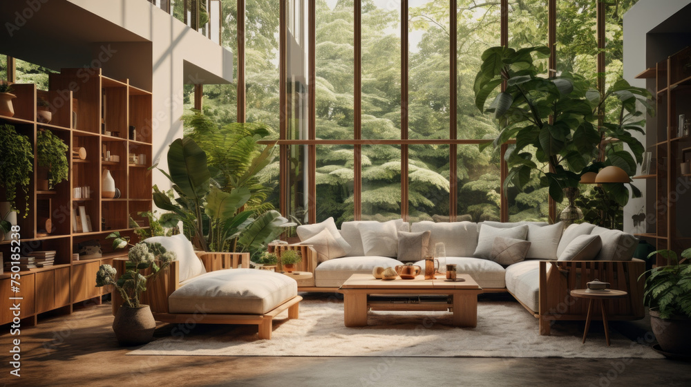 A modern living room with an indoor garden, natural wood furniture, and an array of lush plants to bring the outdoors in