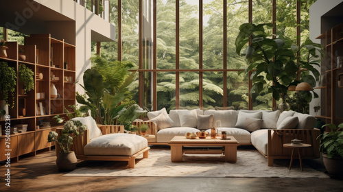 A modern living room with an indoor garden  natural wood furniture  and an array of lush plants to bring the outdoors in