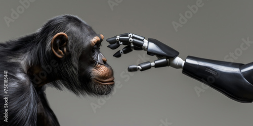 The robot's hand wants to touch a monkey. The process of evolution from monkey to artificial intelligence. Banner
