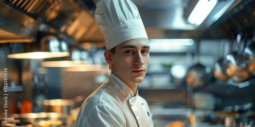 Young chef in a restaurant kitchen Generative AI