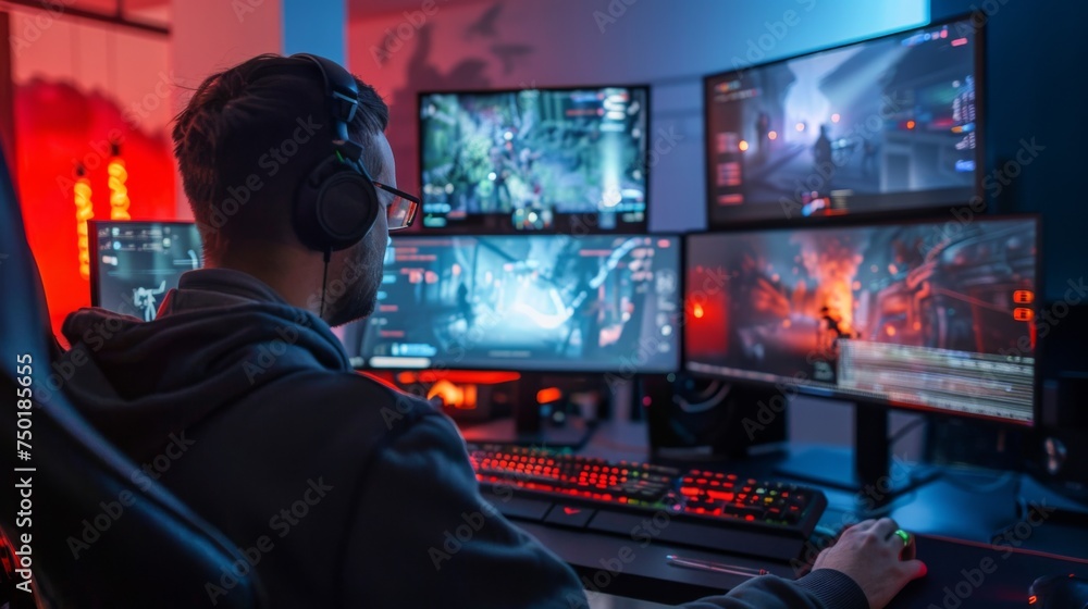 A gamer is deeply engaged in an intense online gaming session at night, surrounded by multiple lit screens in a darkened room. A gamer is deeply engaged in an intense online gaming session at night, surrounded by multiple lit screens in a darkened room.