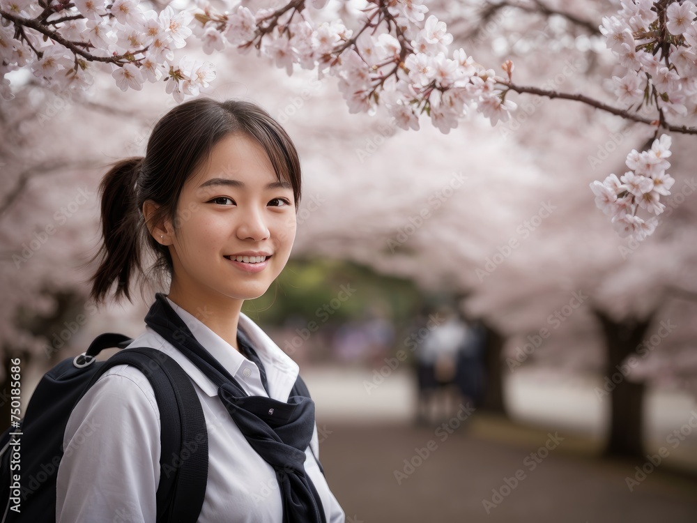 Smiling Young Woman Enjoying Cherry Blossom Season Outdoors Smiling Young Woman Enjoying Cherry Blossom Season Outdoors