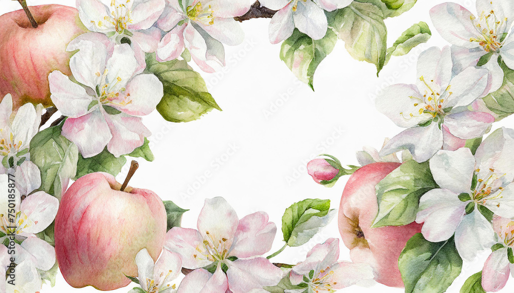Fototapeta premium Watercolor painting of delicate apple blossoms frame