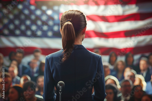 A woman politician stands at a podium addressing a crowd with an American flag in the background