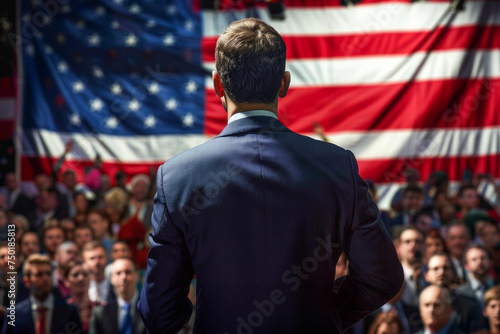 Politician standing in front of a national flag during speech to the crowd