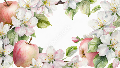 Watercolor painting of delicate apple blossoms frame