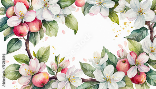Watercolor painting of delicate apple blossoms on a white background