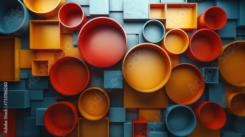  a group of orange and red cups sitting on top of each other in front of a wall of gray and orange squares and rectangles and rectangles.
