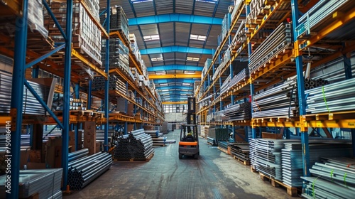 Wide-angle view of a forklift in operation in a vast industrial warehouse stocked with steel pipes, metal rods, and construction supplies.