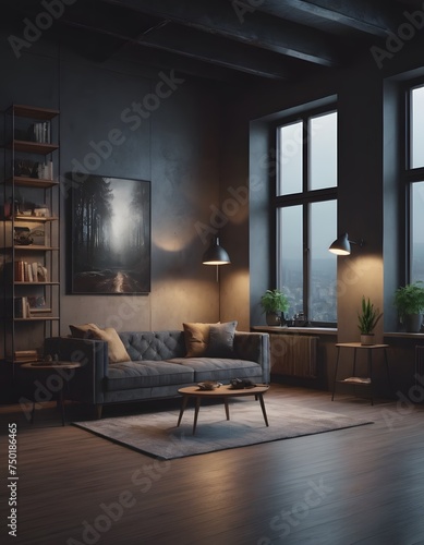 Bedroom interior in a loft apartment. minimalist decor in an industrial and Scandinavian design. Grey pillows on a double bed. 