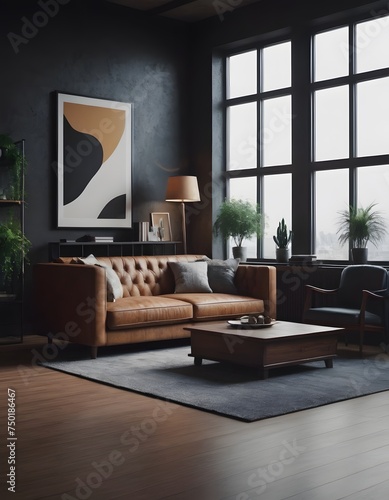 Bedroom interior in a loft apartment. minimalist decor in an industrial and Scandinavian design. Grey pillows on a double bed. 