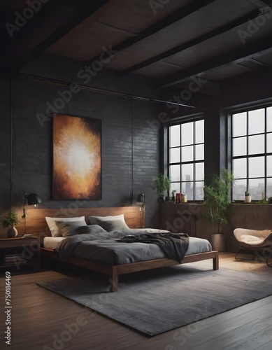Bedroom interior in a loft apartment. minimalist decor in an industrial and Scandinavian design. Grey pillows on a double bed.  © Vladislav