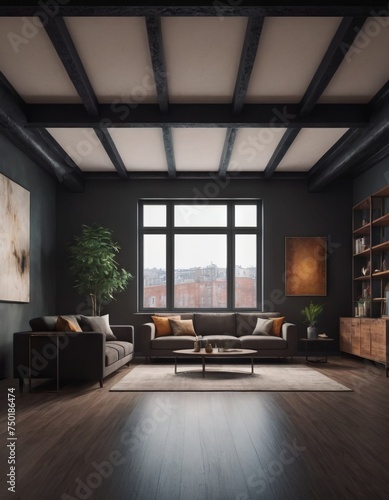 Bedroom interior in a loft apartment. minimalist decor in an industrial and Scandinavian design. Grey pillows on a double bed. 