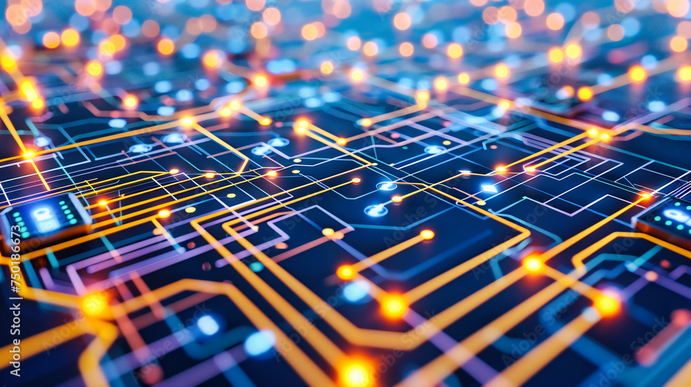 Digital circuit and technology concept, highlighting the complexity of computer networks and electronic communication Digital circuit and technology concept, highlighting the complexity of computer networks and electronic communication