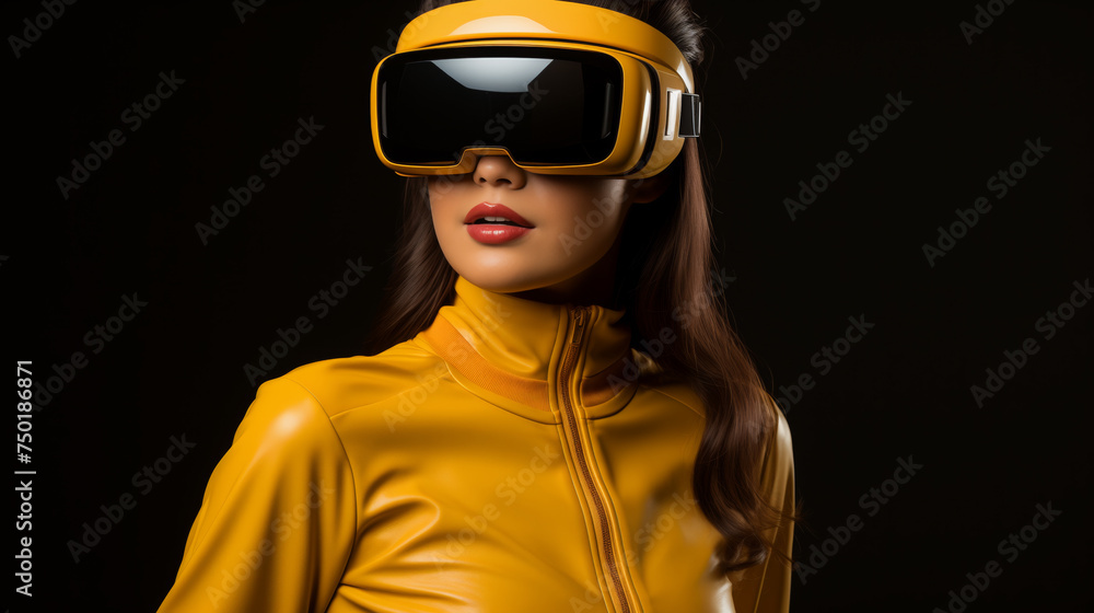 Brunette with VR glasses in yellow leather jacket, metaverse fashion, virtual reality headset on woman Brunette with VR glasses in yellow leather jacket, metaverse fashion, virtual reality headset on woman
