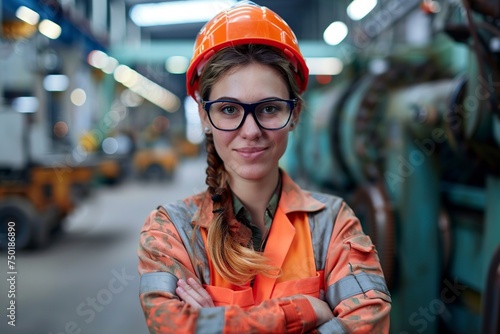 confident female engineer standing in a factory