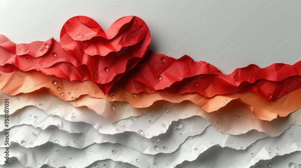  a heart shaped piece of paper sitting on top of a wave of red and white paper with drops of water on the surface of the paper and on top of the wave.