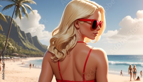 Comic style blonde girl on a paradise beach wearing a red bikini and red sunglasses photo