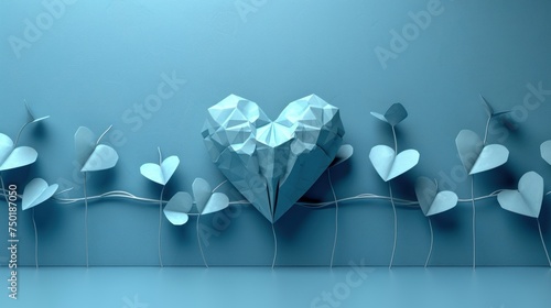  an origami heart on a blue background surrounded by a line of heart - shaped vines and a paper heart on a blue background with a line of white origami heart on a blue wall. photo