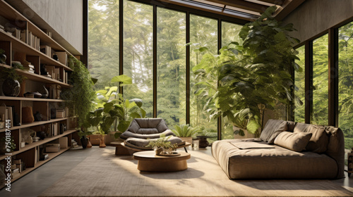 A modern living room with biophilic design that includes a comfortable seating area  natural light  and lots of plants