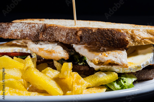 bocadillo con pan tostado de carne de pollo con patatas fritas 