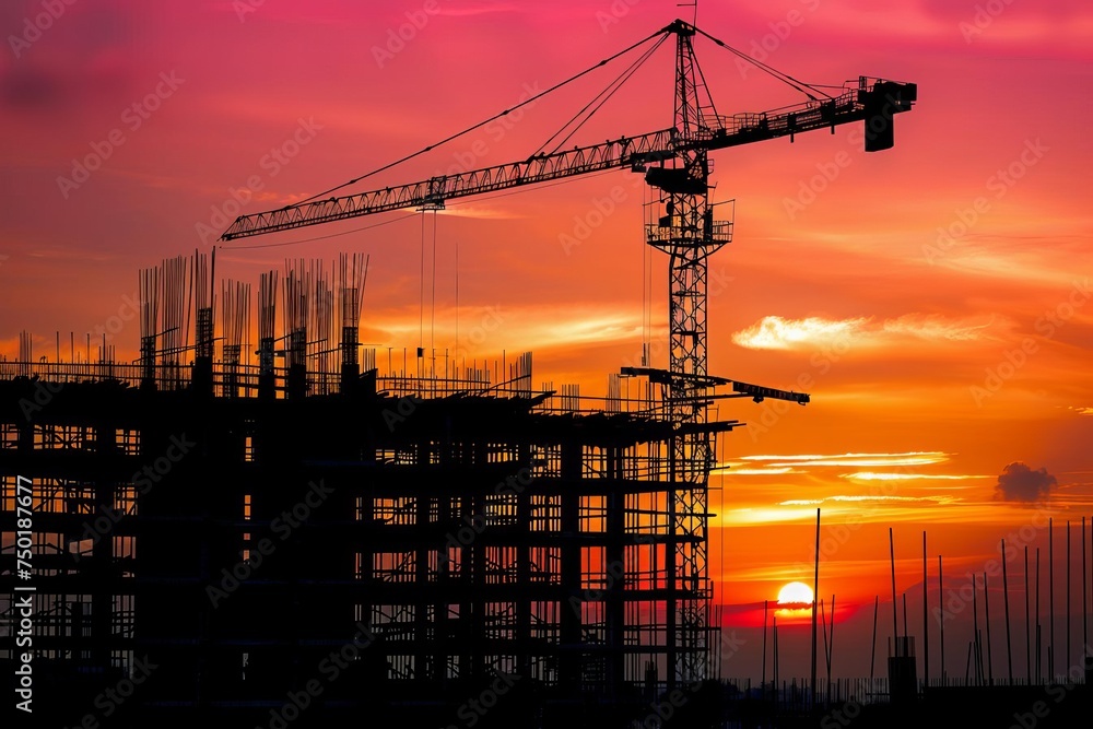 Architectural silhouette of a construction site at sunset Highlighting the beauty and ongoing development in urban construction