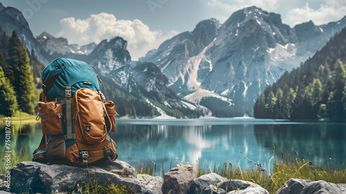 Backpack on the mountain and lake background. Scenic nature on mountain nobody, travel photo, selective focus photo