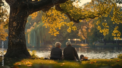 an elderly couple sitting on the grass under the shade of a large tree
