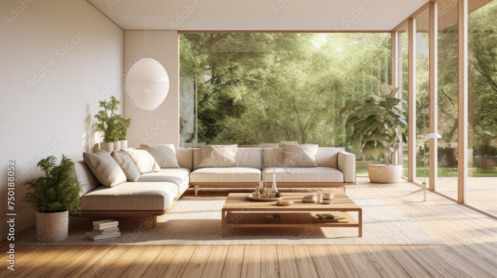 Fototapeta premium A modern living room with a warm wood floor, plenty of natural light, and lush plants to add a peaceful ambiance