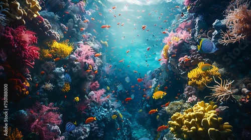 The mysterious depths of an ocean trench, teeming with colorful coral and diverse marine life