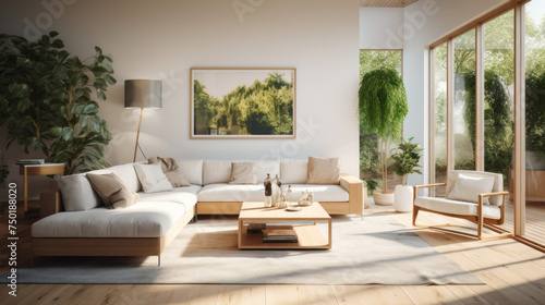 A modern living room with a warm wood floor  plenty of natural light  and lush plants to add a peaceful ambiance