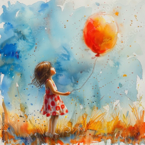 watercolor painting of a girl in a polka-dot dress, holding a balloon