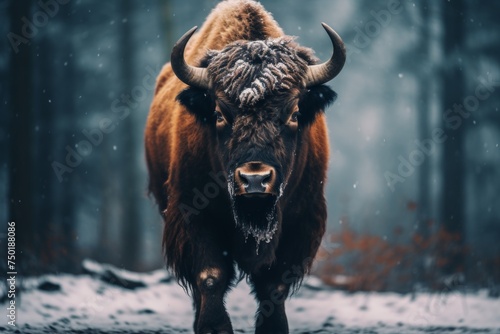 Majestic bison roaming in snowy winter landscape, stunning wild animal in frosty setting