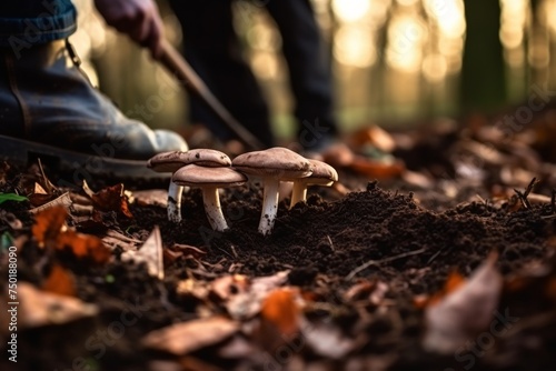 Mushroom hunter collecting fresh, organic wild mushrooms in the enchanting autumn forest