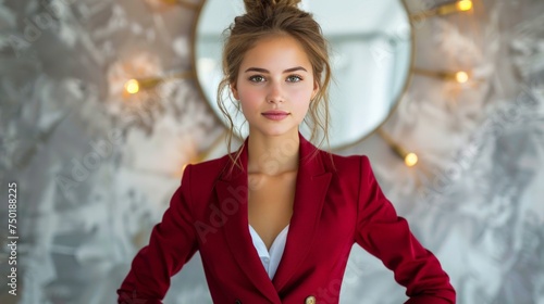 A powerful image of a young businesswoman with her hands on her hips, wearing...